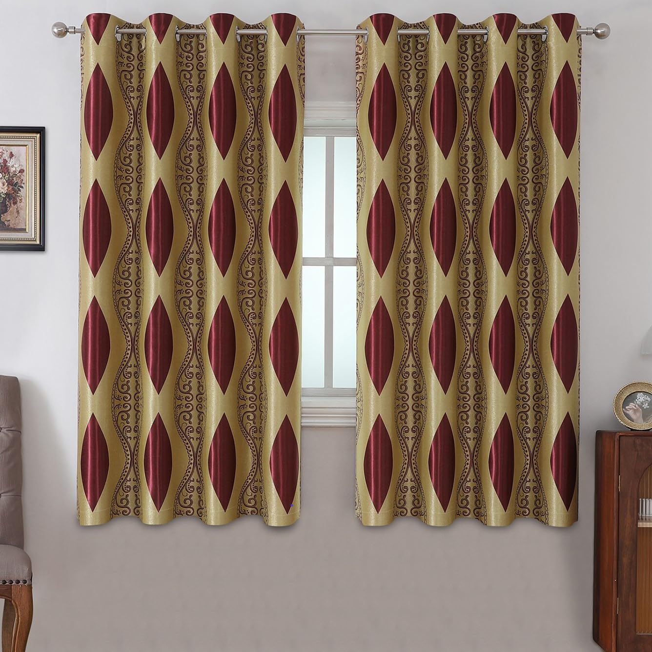 Homeideas Burgundy And Gold Curtains For Living Room, Wave Room Darkening Curtains 63 Inches Long 2 Panels Set, Jacquard Window